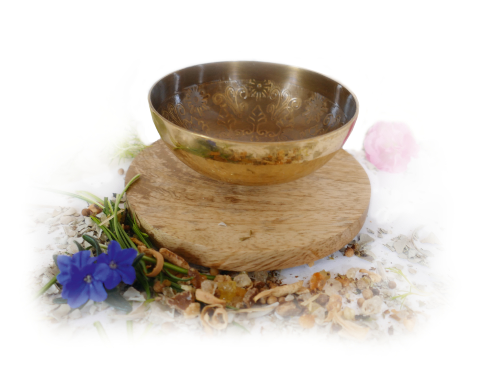 Kristin - Räucherschale auf Holzplatte, goldfarben